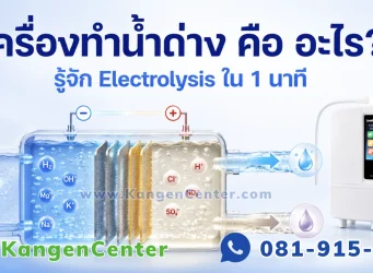 แผนภาพอธิบายกระบวนการ Electrolysis ของเครื่องทำน้ำด่าง แสดงการแยกน้ำเป็นน้ำด่าง Alkaline และน้ำกรด Acidic ผ่านแผ่นเพลตไทเทเนียม พร้อมเครื่องทำน้ำด่าง Kangen8