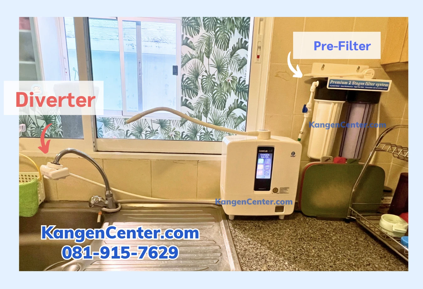 ตัวอย่างการติดตั้งเครื่อง Kangen Water ข้างอ่างล้างจาน พร้อม Diverter ต่อก๊อกน้ำ และ Pre-Filter กรองน้ำก่อนเข้าเครื่อง